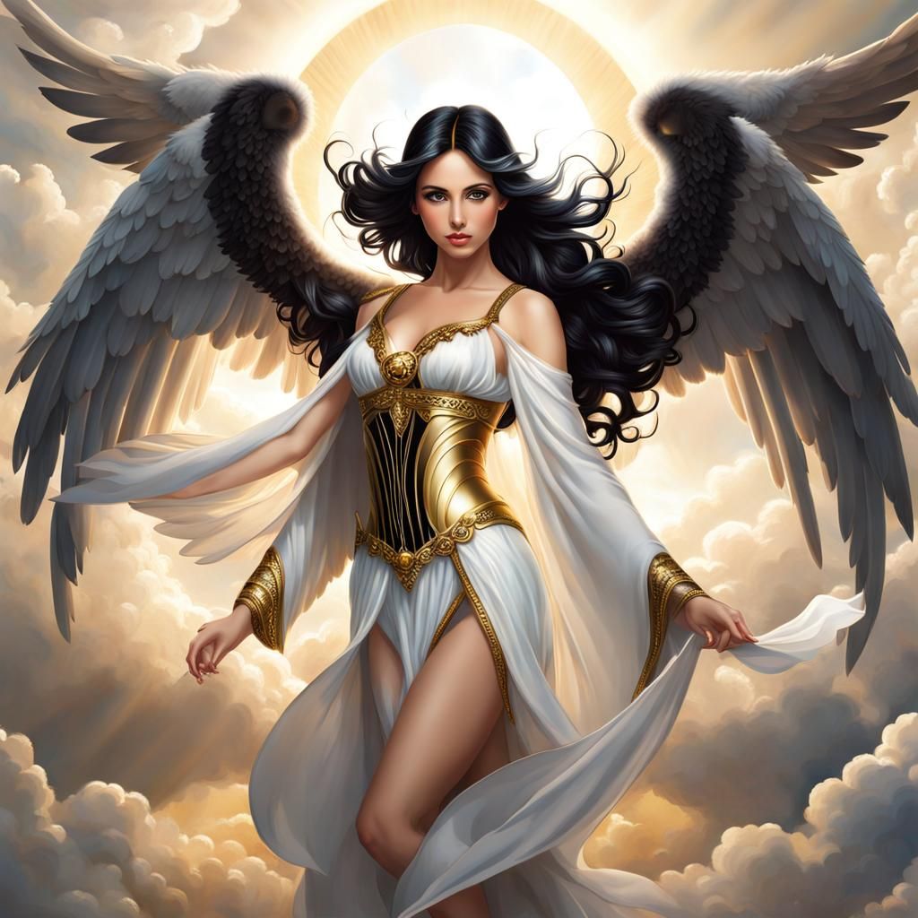 Serene Dark-Haired Angel Woman Illustration