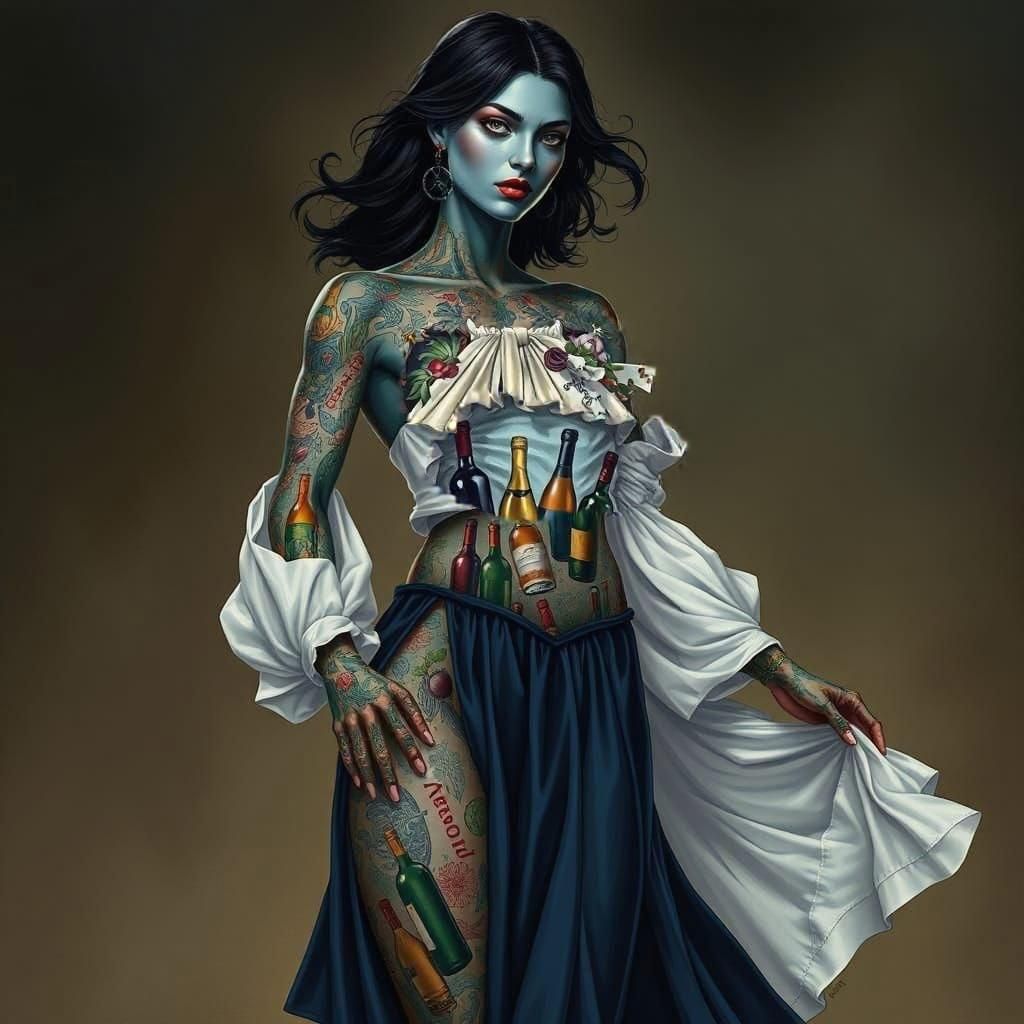 Blue Woman Adorned with Wine Bottle Tattoos