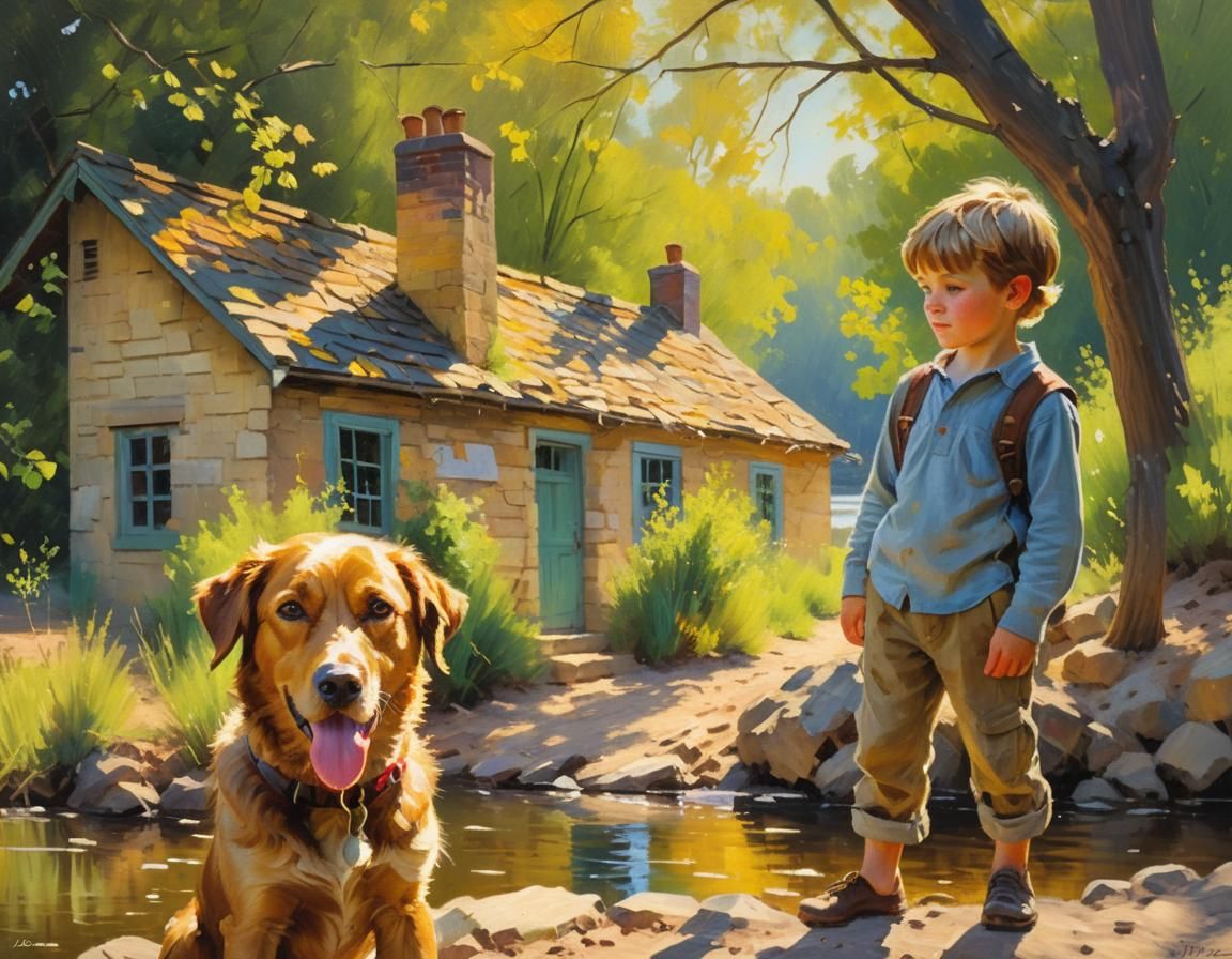 Boy and Dog in Sunlight: an Impressionist Oil Painting