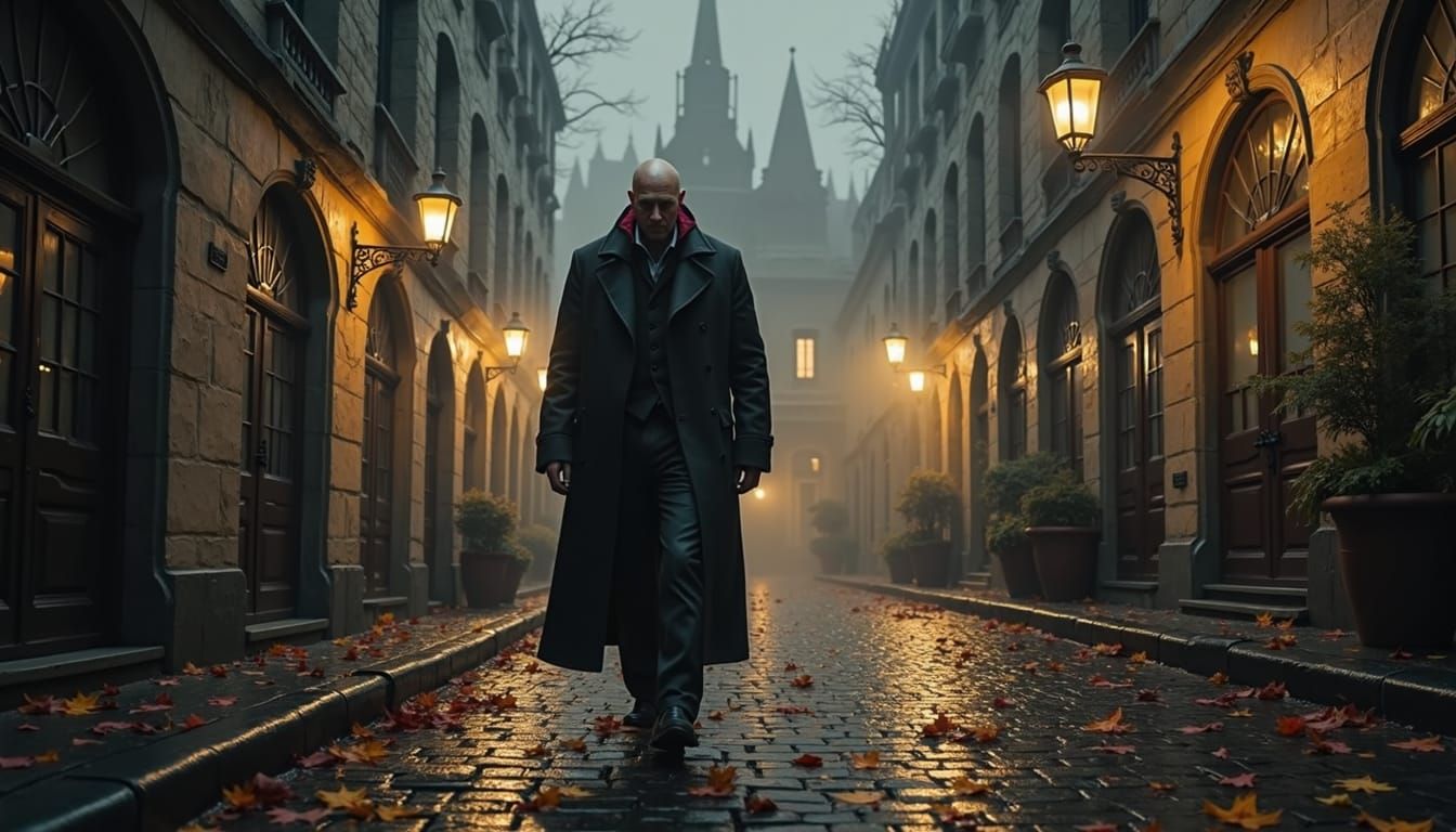 Mystical Bald Man in Foggy Autumn Alley