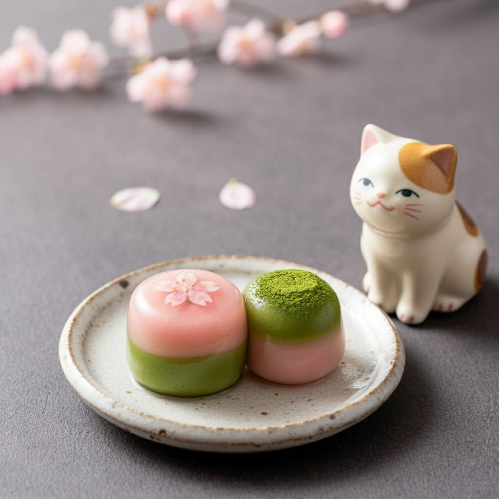 Sakura Cherry Blossom and Matcha Mizu Yokan Still Life