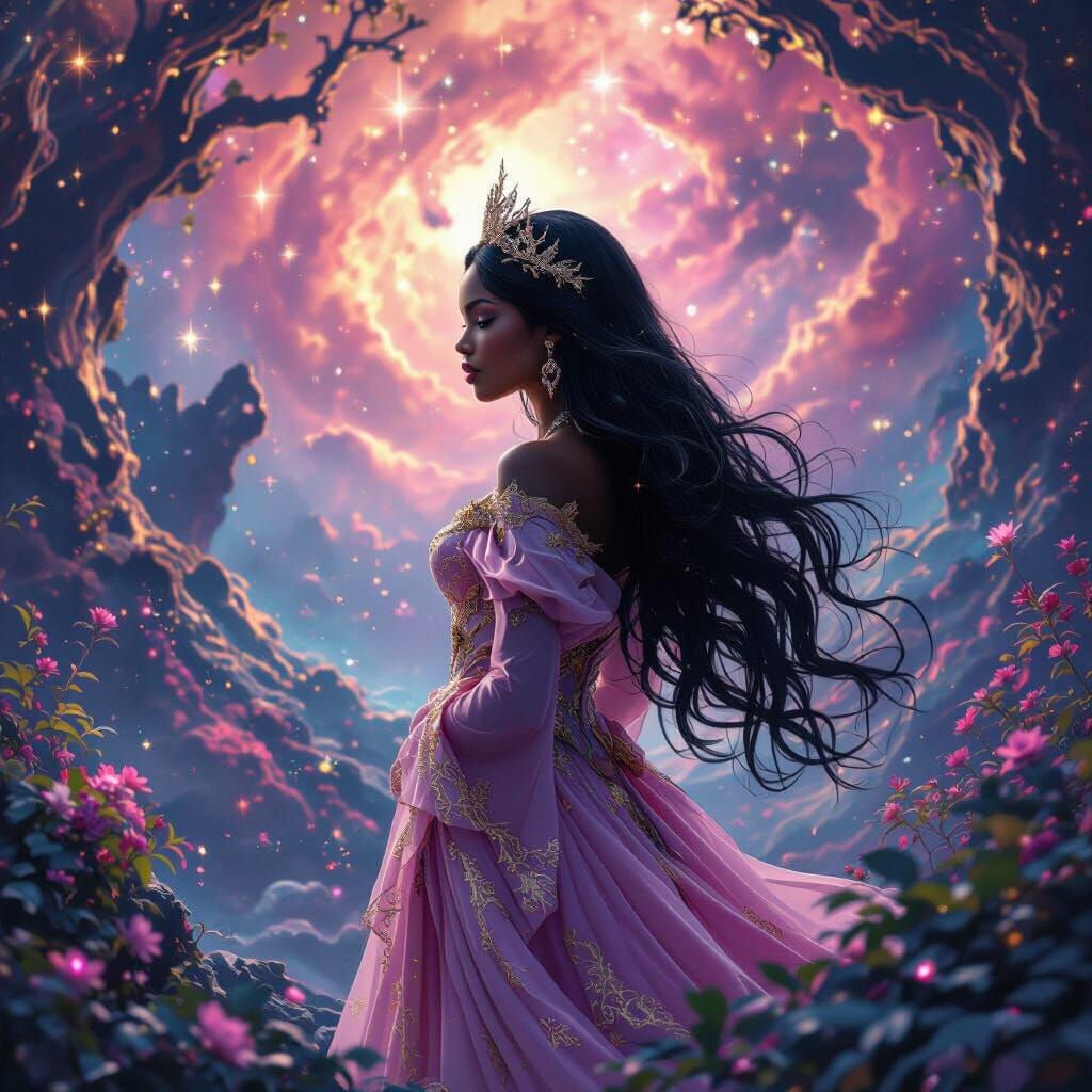 Black Princess in Pink and Gold Amidst Cosmic Wonders