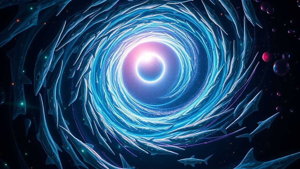 Cosmic Vortex of Swirling Sharks and Bioluminescent Disc