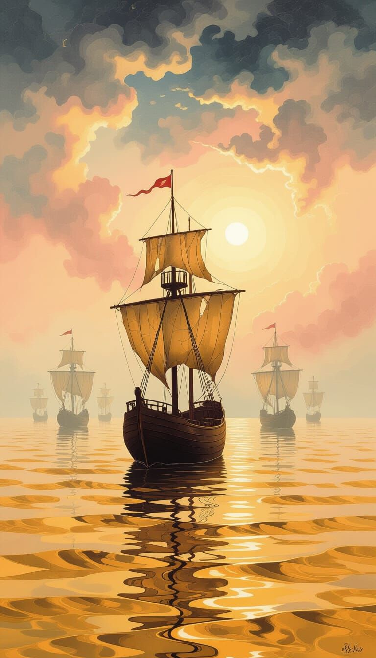 Ghostly Ships on Molten Gold Ocean in Pink Fog