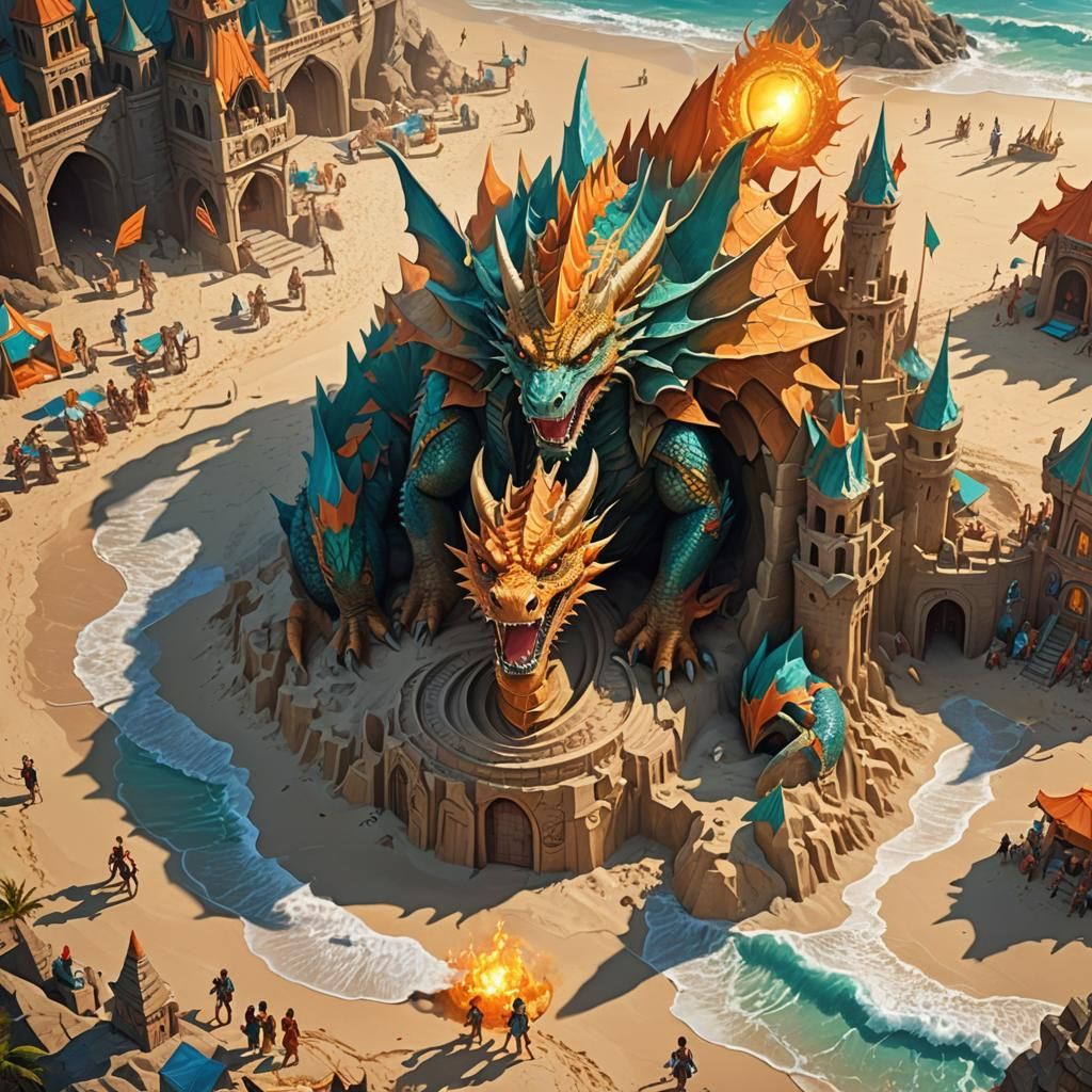 Sandcastle Dragon and Elves on Sun-Kissed Beach
