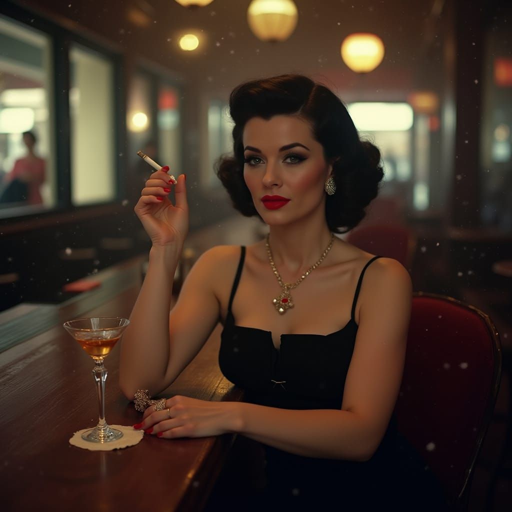 Elegant Woman at Hotel Bar: Retro Film Still