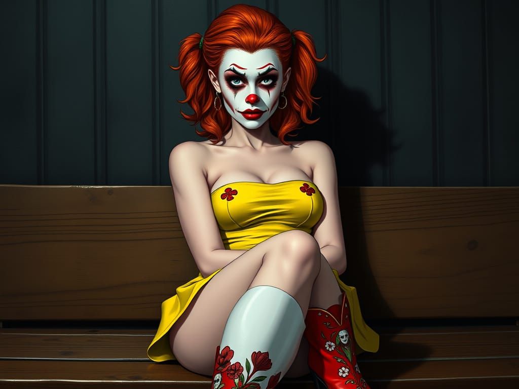 Sorrowful Siren in Crimson Lipstick and Yellow Mini-Dress