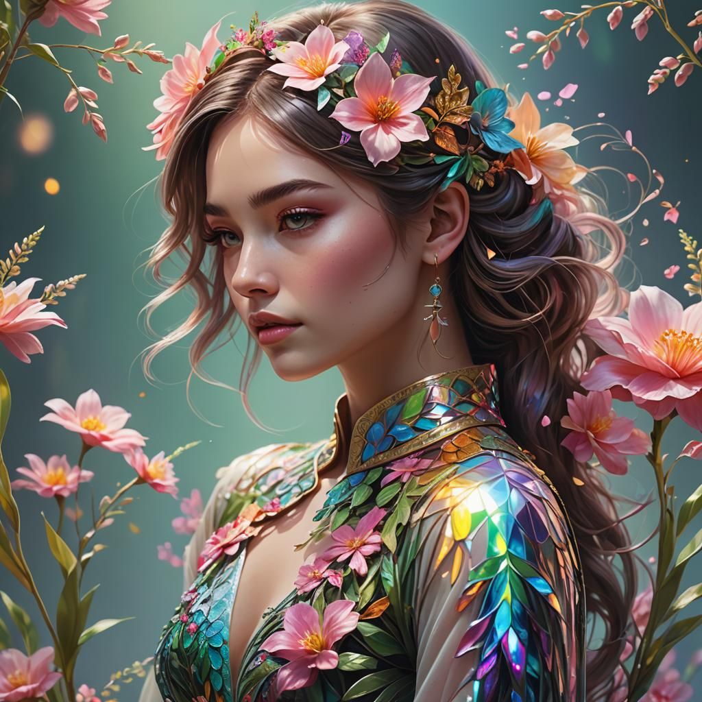 Beautiful Girl with Holographic Flowers in Hyperrealism