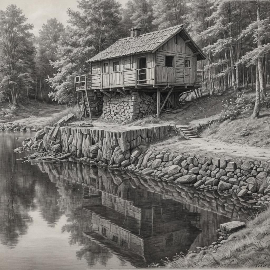 Rustic Lakeside Cabin with Boat: Charcoal Drawing