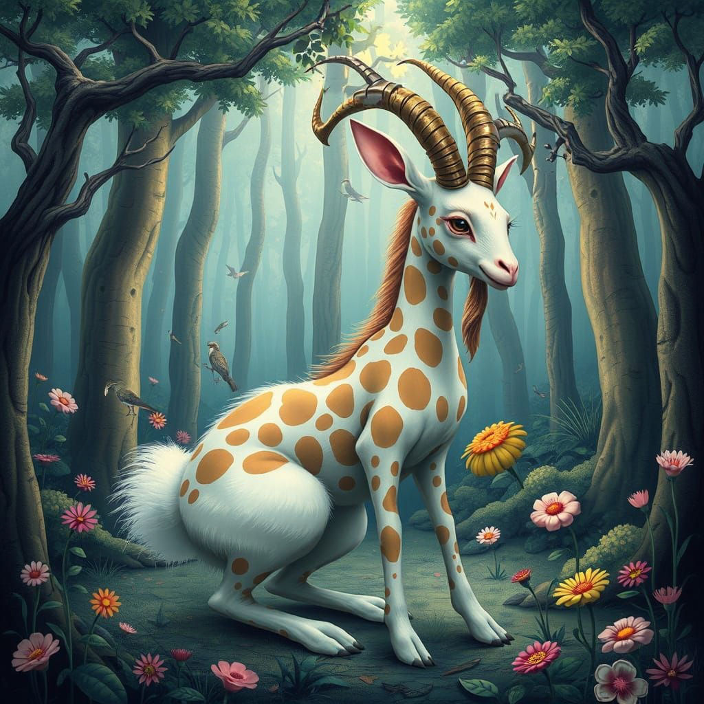 Rabbit Giraffe Goat Hybrid in a Whimsical Fantasy Style