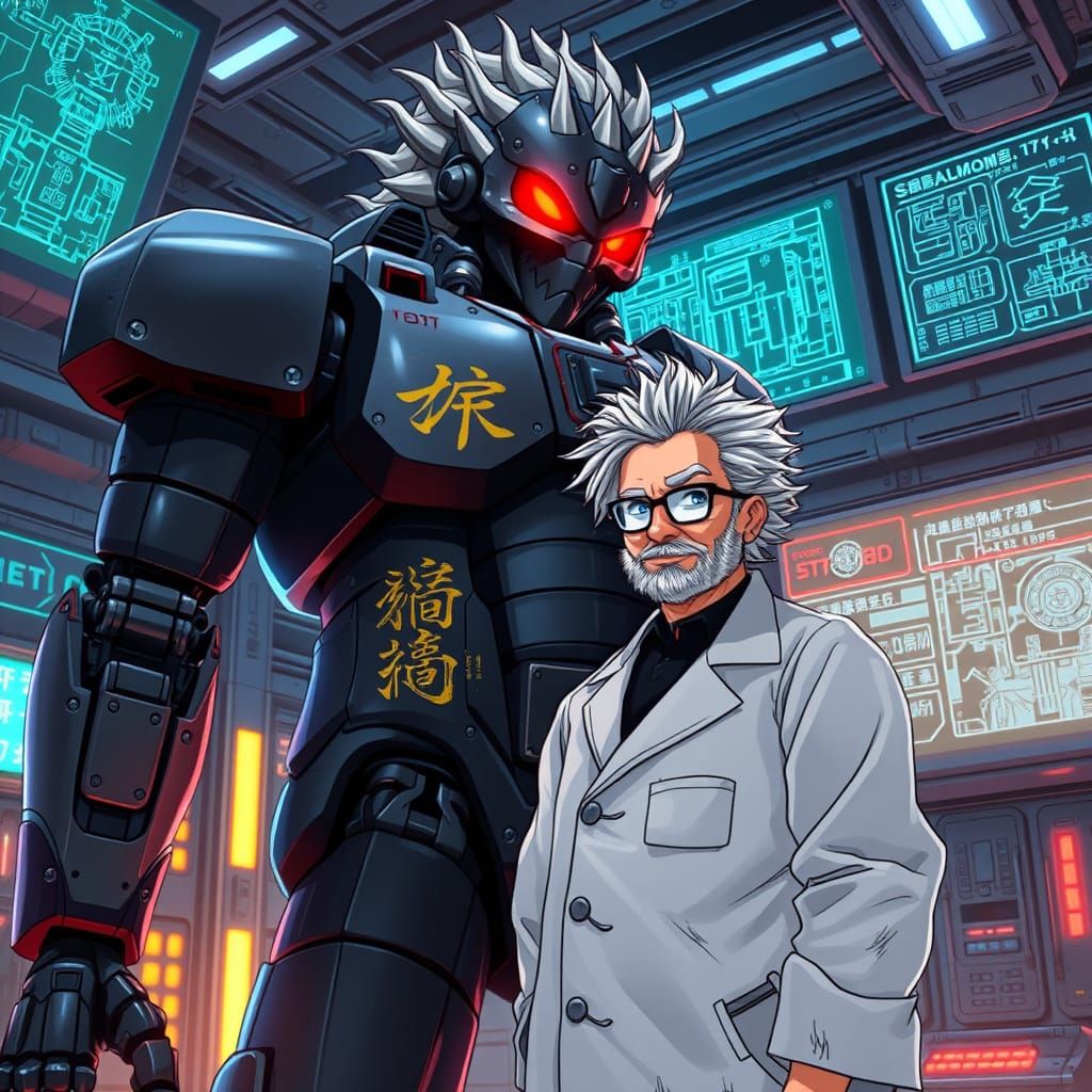 Professor Completes Cyberpunk Robot in Futuristic Laboratory