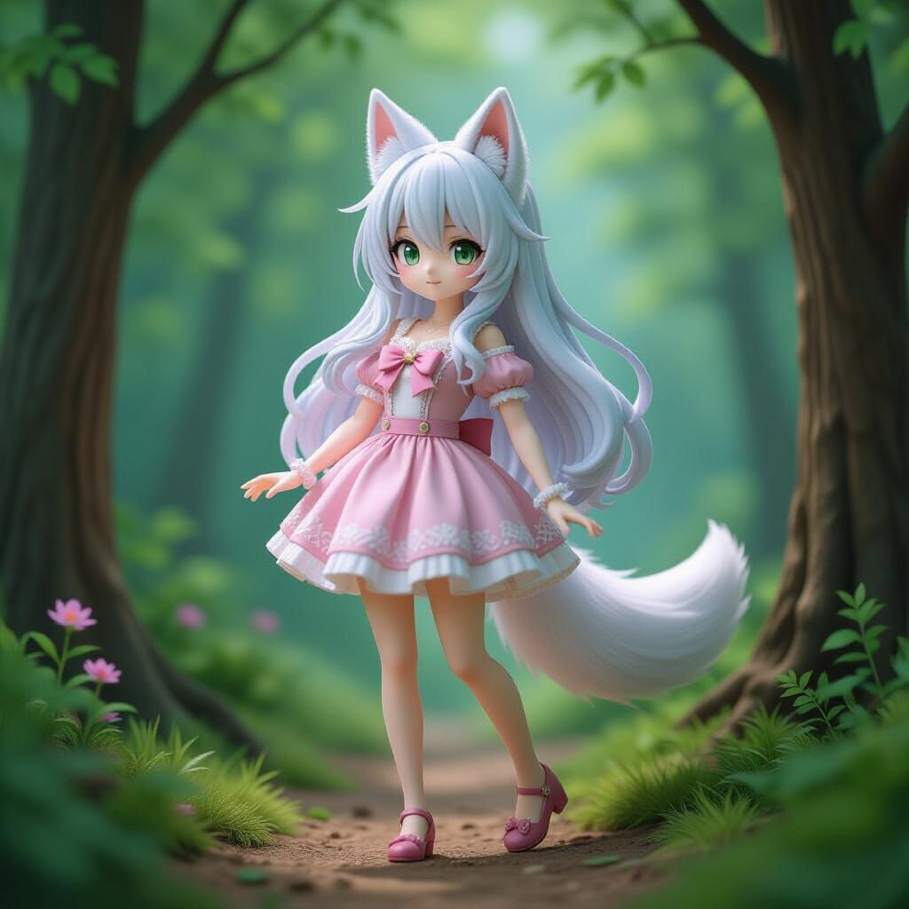 Wolf Girl Collectible Figure in Magical Forest Diorama