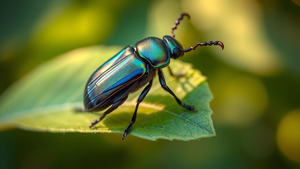 Iridescent Beetle on Leaf in Hyperrealistic Style