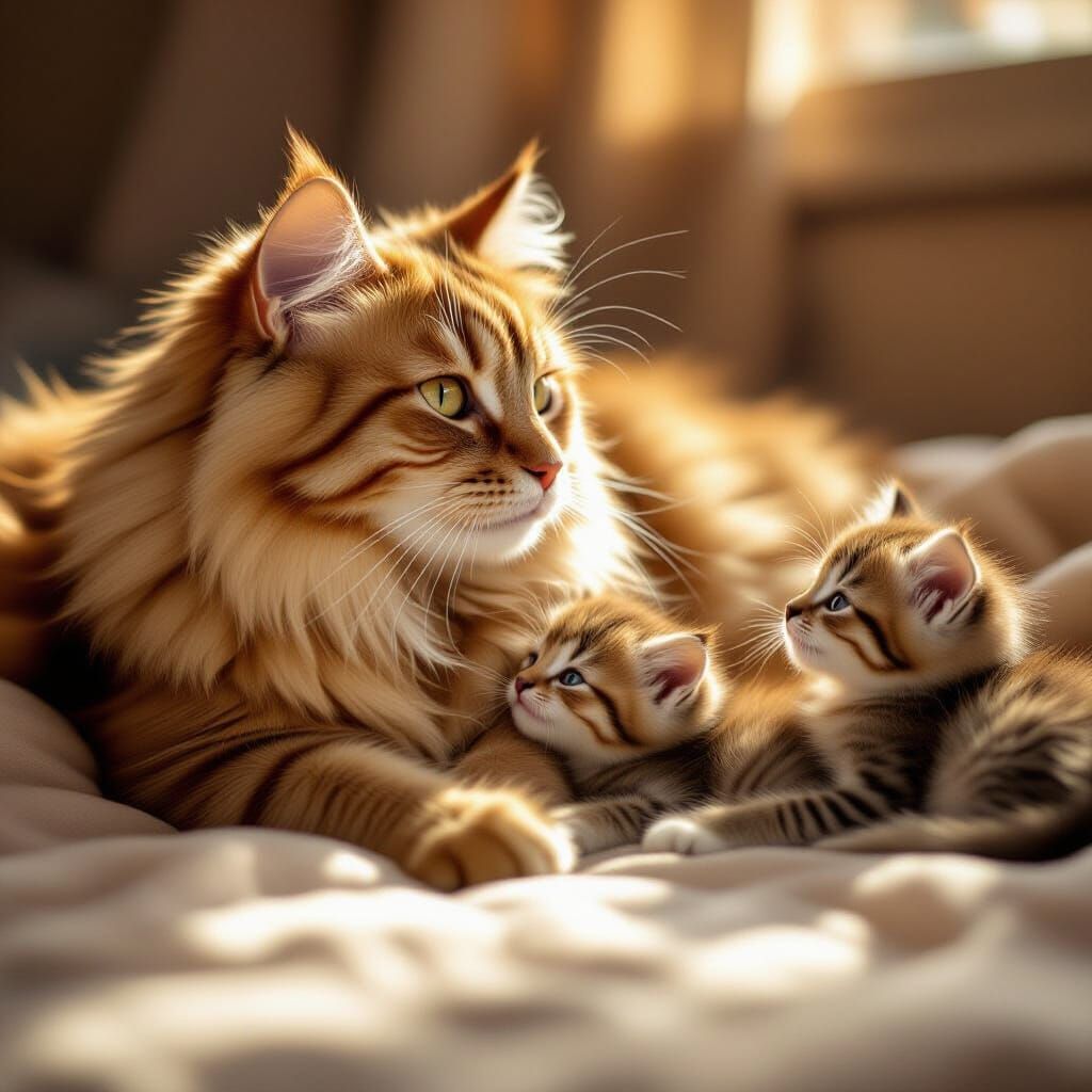 Wise Wheat Cat Lovingly Watches Her Three Kits