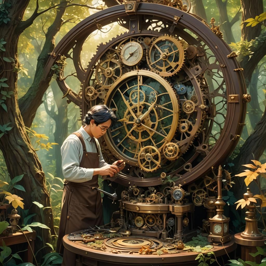 "A serene, ancient watchmaker repairs a grand clock crafted ...