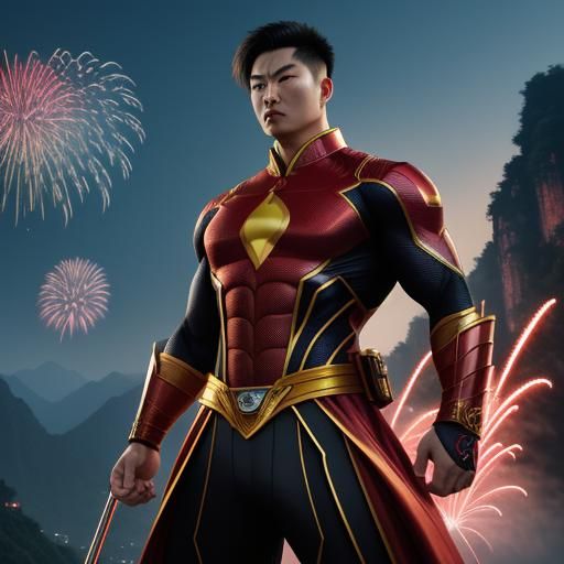 Dynamic Chinese Superhero Overlooking Yangtze Landscape