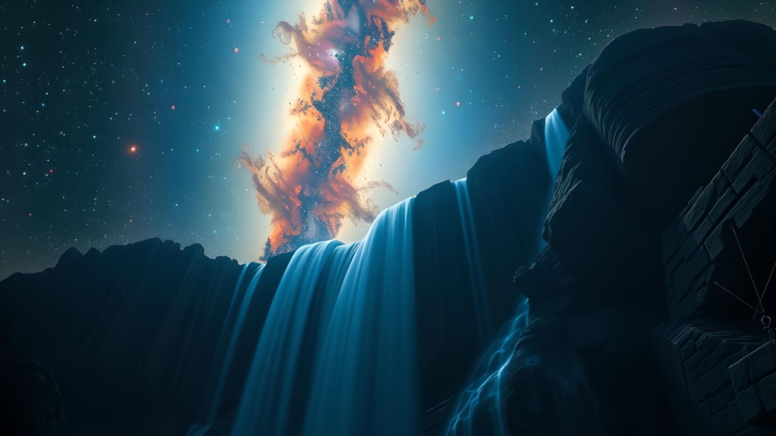 Cosmic Nebula Waterfall in Hyperrealistic Style