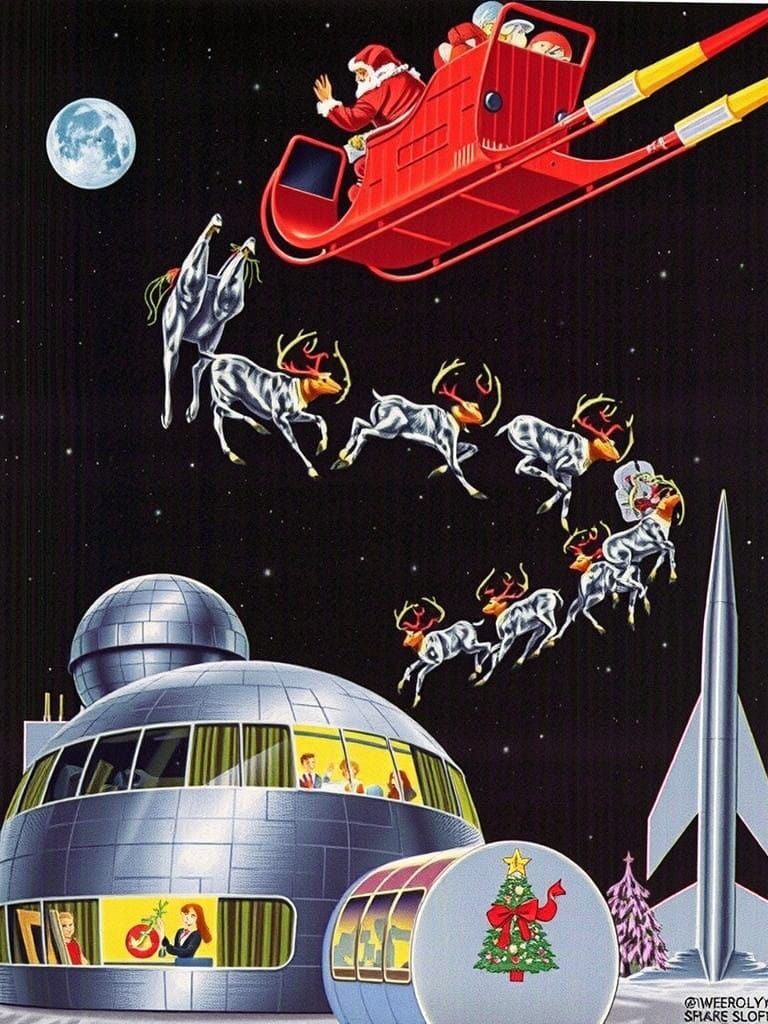 Retro-Futuristic Santa Soars Through the Cosmos on a Glowing...