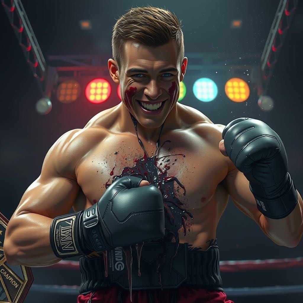 Triumphant Boxer with Symbiote Gloves in Hyperrealistic Styl...