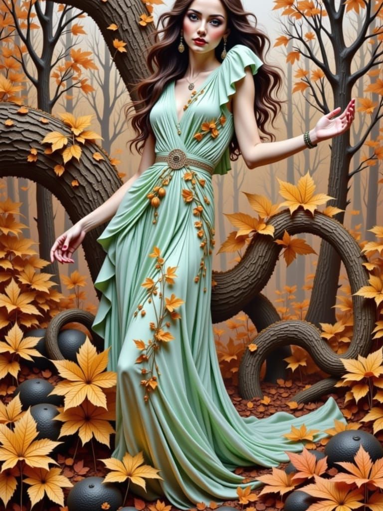 Goddess in Green Dress Amidst Autumn Leaves