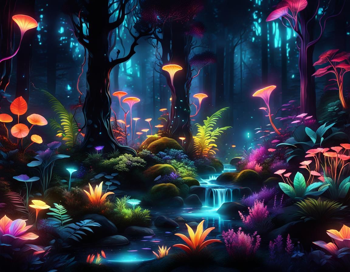 Enchanted Neon Forest with Glowing Plants and Creatures