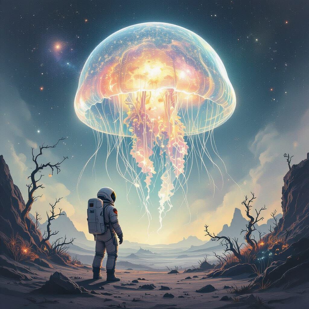 Astronaut and Bioluminescent Jellyfish in Cosmic Watercolor