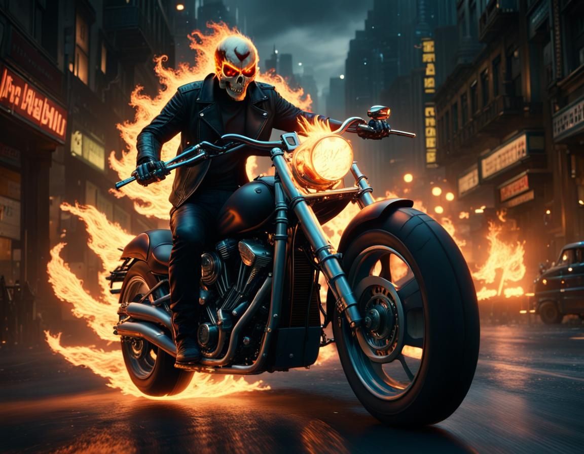 Ghost Rider on Flaming Motorcycle in City at Night