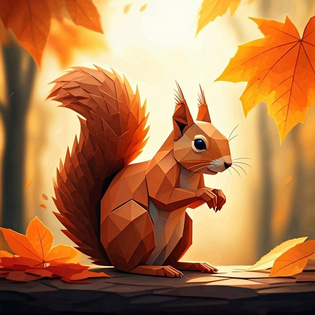 Origami Squirrel in Autumn Sunlight: Watercolor Papercraft