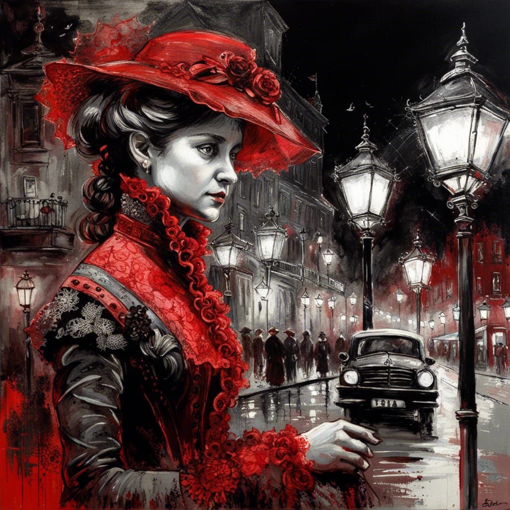 Victorian Women in Red Lace: Oil Painting