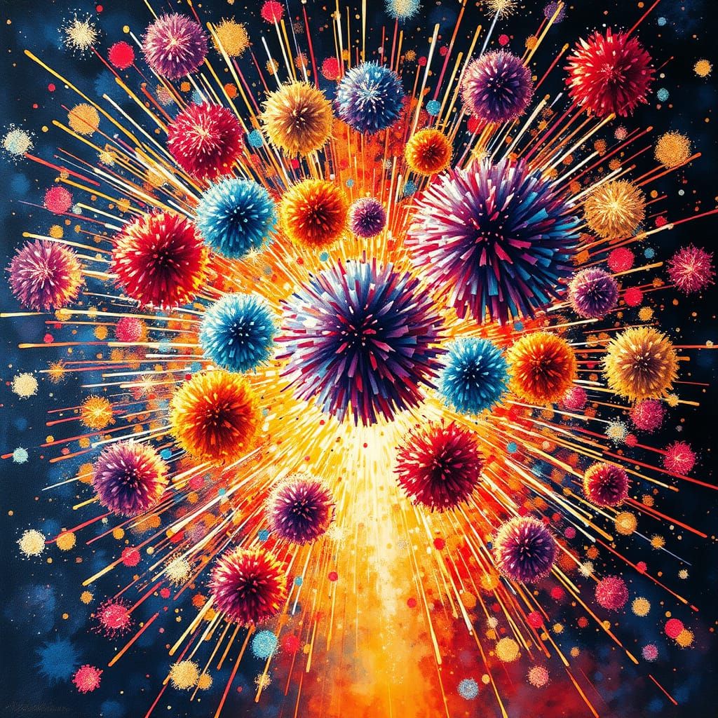Spectacular Fireworks Display in Gouache and Watercolor Styl...