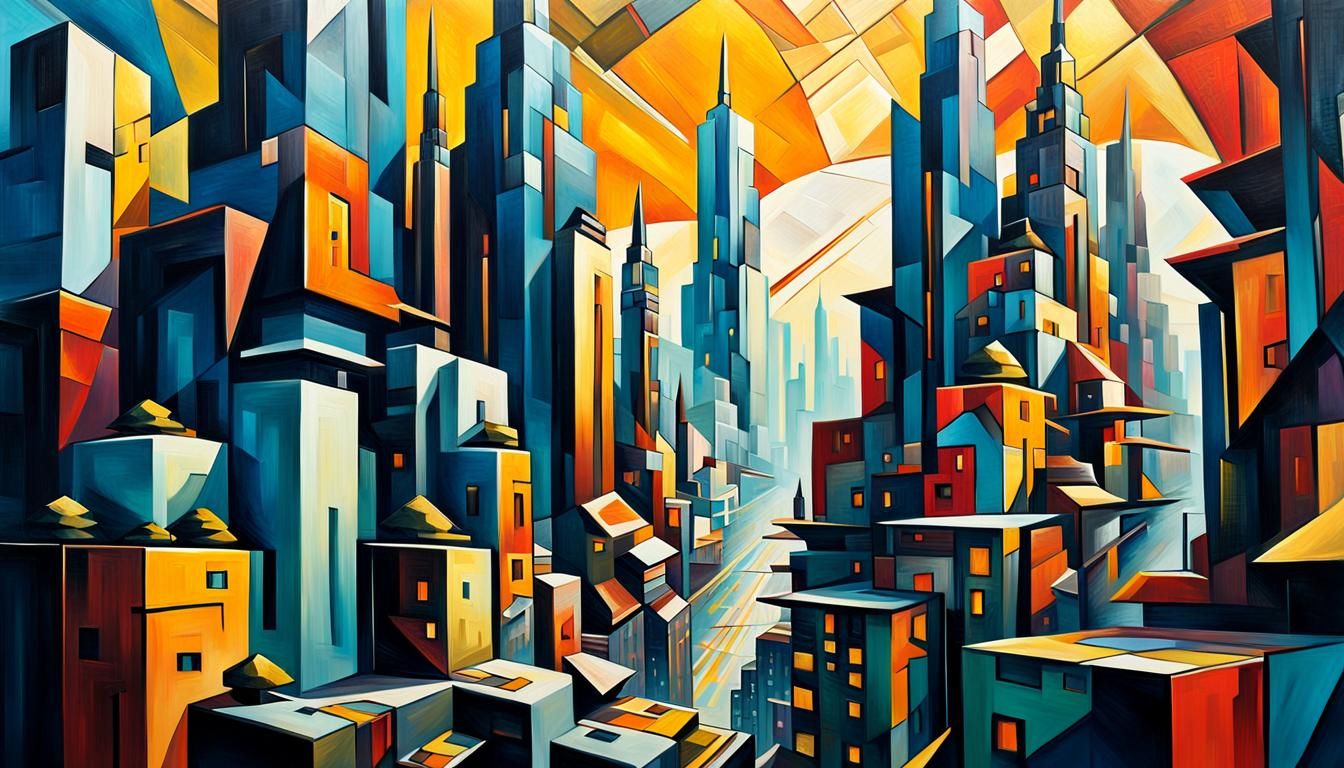 Neo-Cubist Cityscape in Oil with Art Deco Patterns