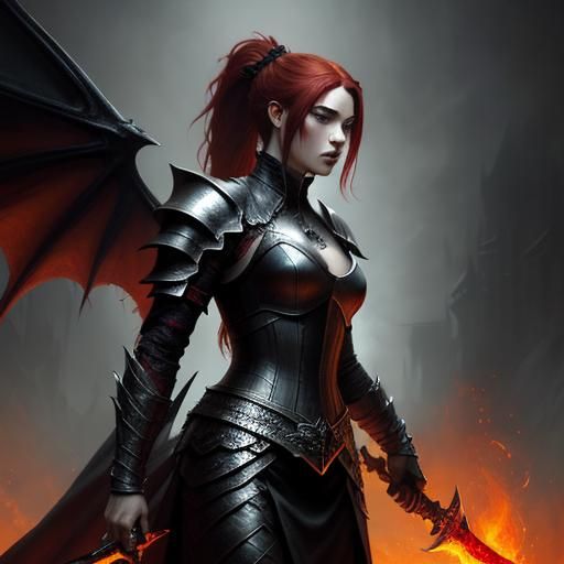 Dragon Woman with Flaming Sword in Dark Fantasy Style