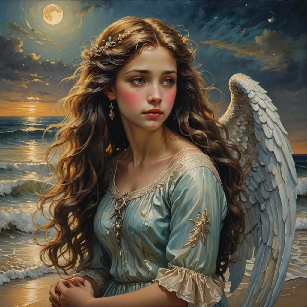 Angel and Mermaid Embrace: Romantic Realism Oil Painting