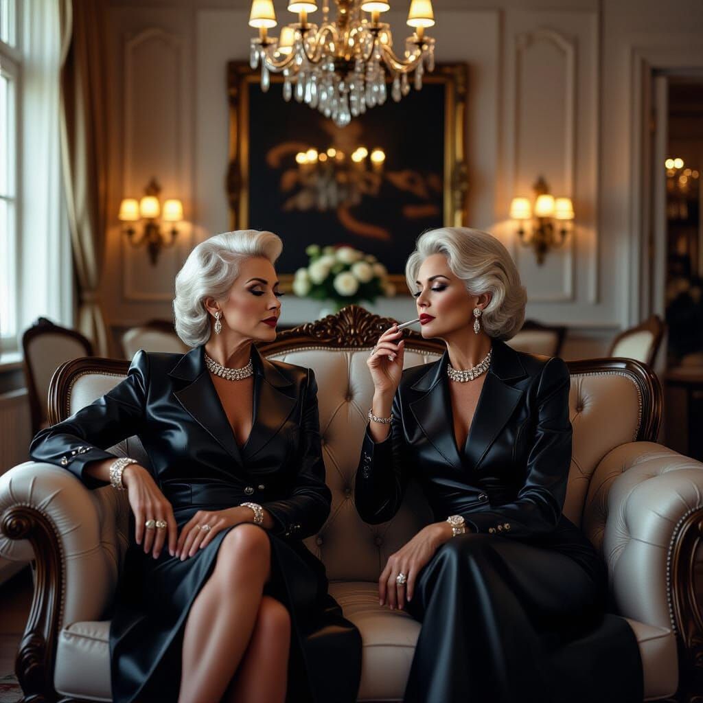 Elegant Women in Leather Dresses in Luxurious Salon