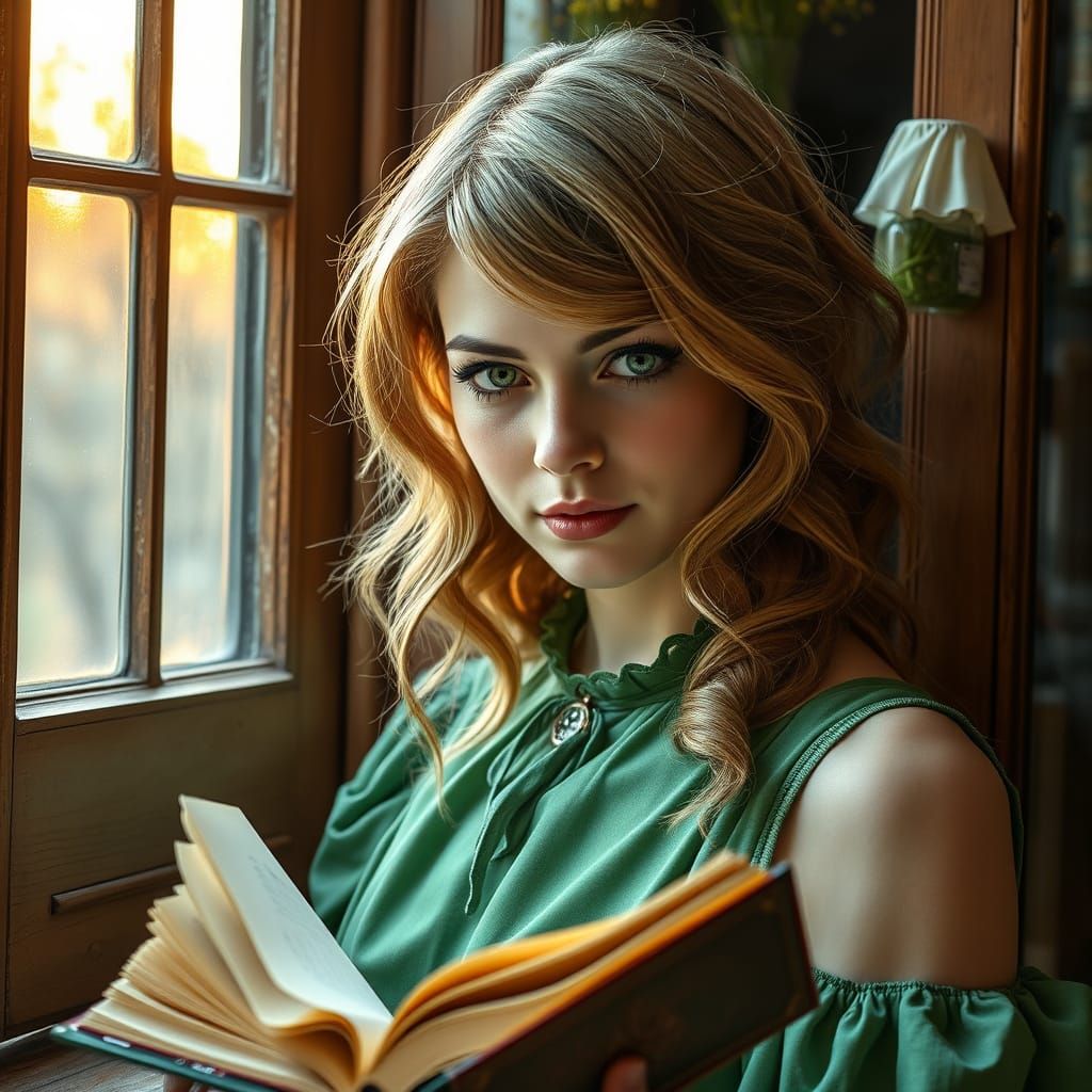 Victorian Lady in Green Velvet Reading by the Window