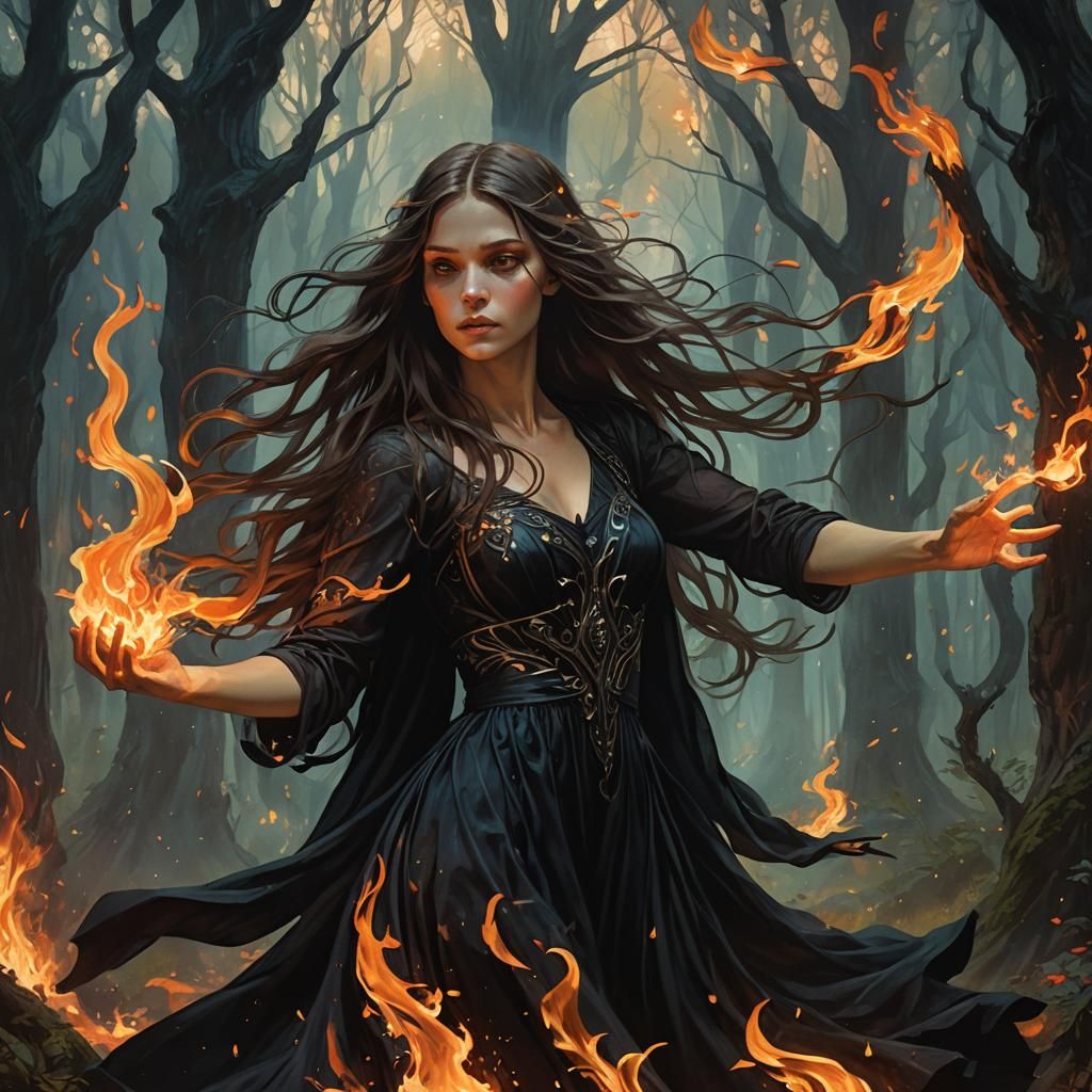 Mystical Woman Plays with Fire in Art Nouveau Style