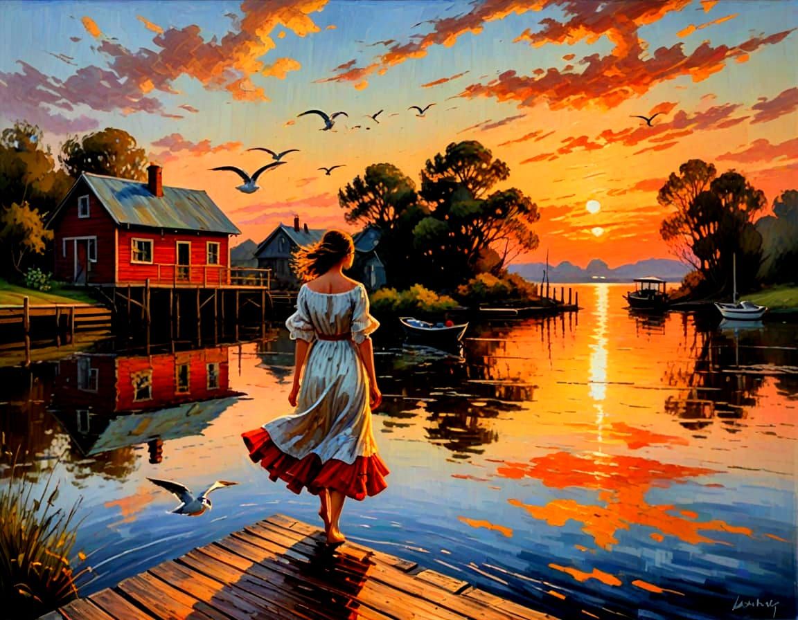 Golden Hour on a Tranquil Lake, Impressionist Oil Painting