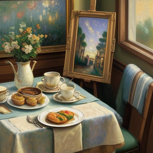 Vintage Breakfast Scene in Warm Impressionist Style