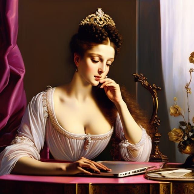 Elegant Woman at Desk: Portrait in Classical Style