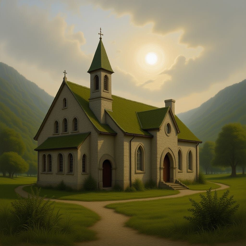 Serene Irish Village Church in Ethereal Mist