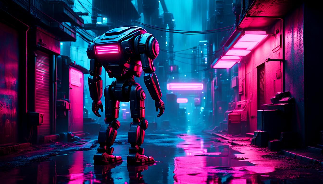 Cyberpunk Robot in Rainy Alleyway, Neon Noir