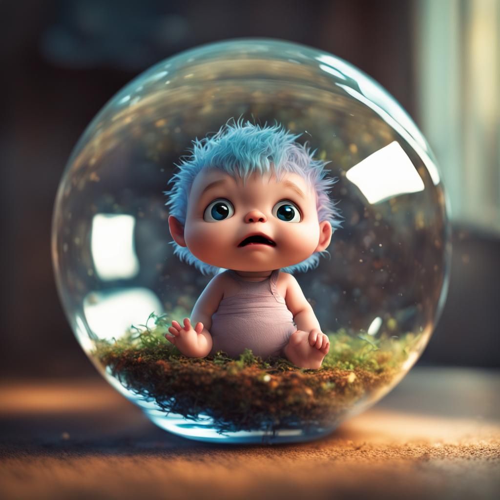 Chibi Trash Monster in Glass Orb, Pixar Style
