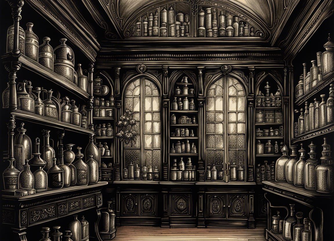 Victorian Gothic Apothecary Shop in Ink