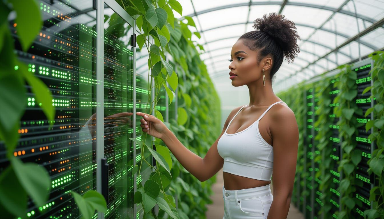 Elegant Greenhouse With Glowing Servers And Vines