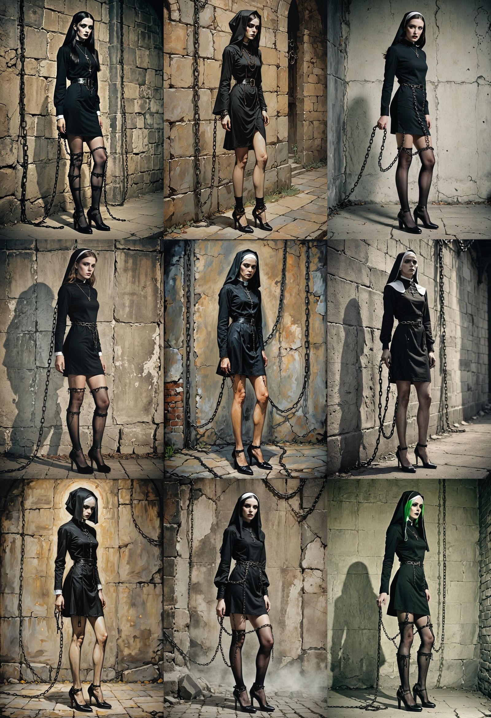 Gothic Nun Bound by Iron Chains in Elegant Attire