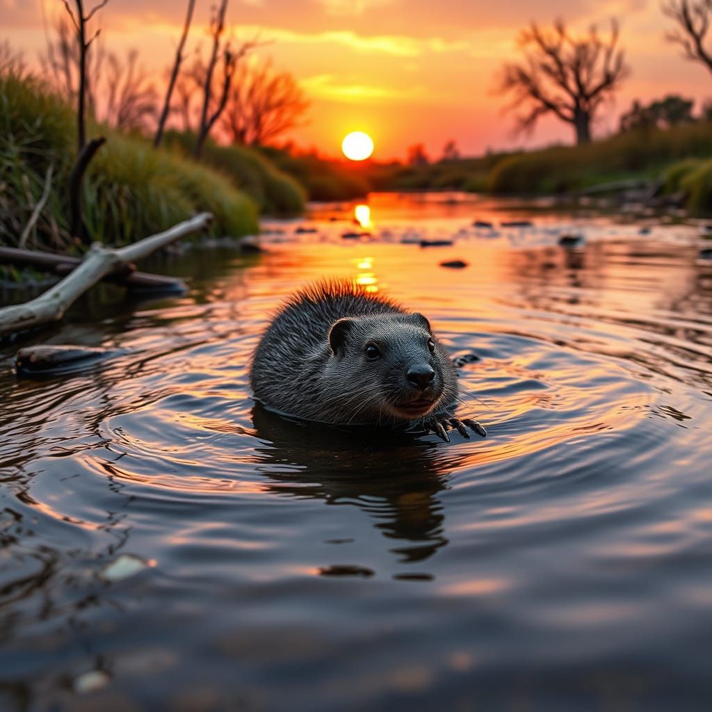 Nutria Swimming at Sunset in Naturalist Style