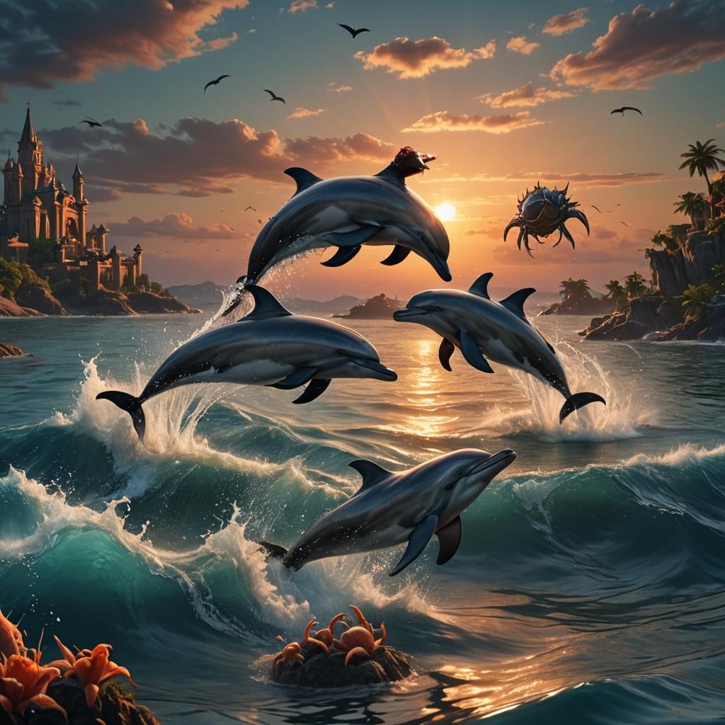 Sunset Dolphins and Crab in Detailed Fantasy Art
