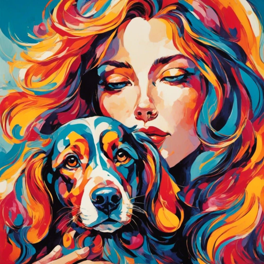 Colorful Floral Portrait of Woman and Dog