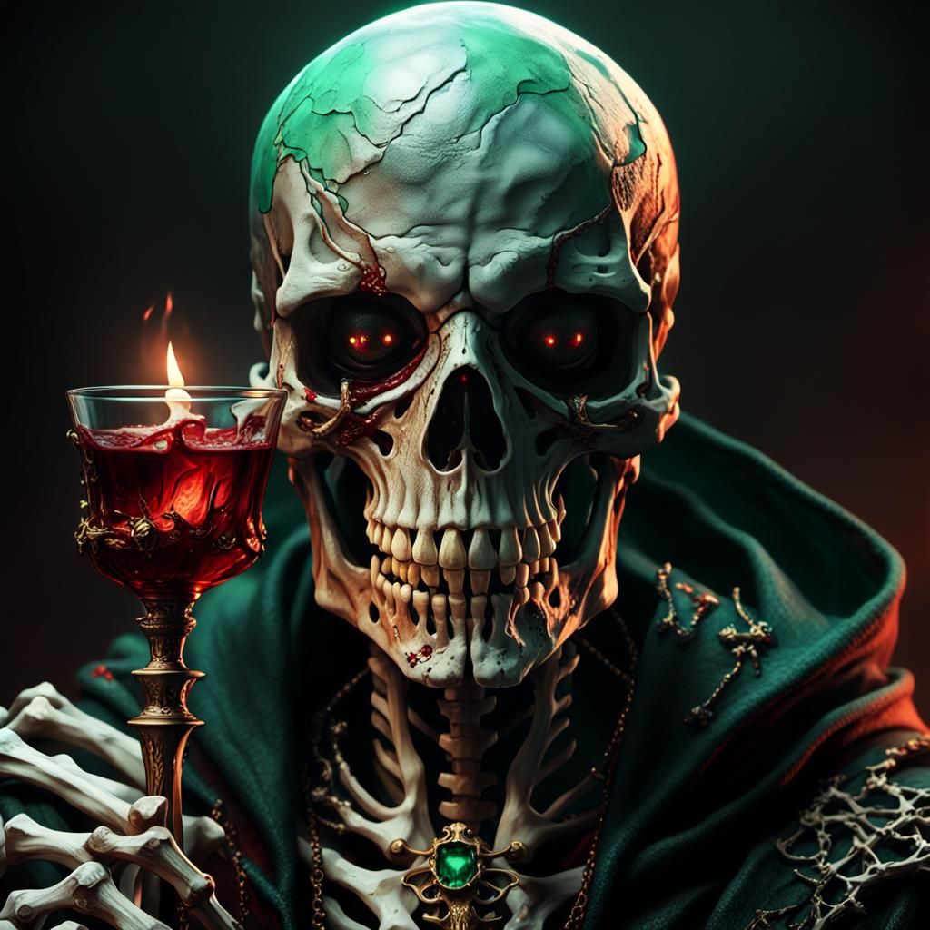 Skeletal Horror Drinks Blood in Dark Fantasy Portrait Artwor...