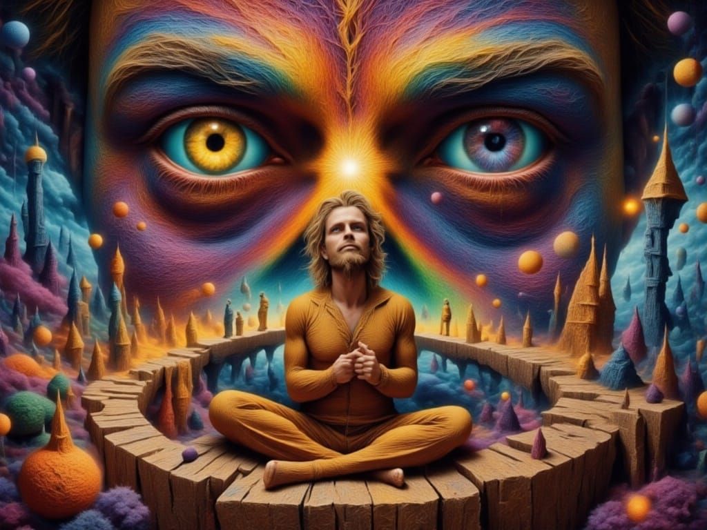 Muscular Man-Peacock Hybrid in Surreal Dreamscape